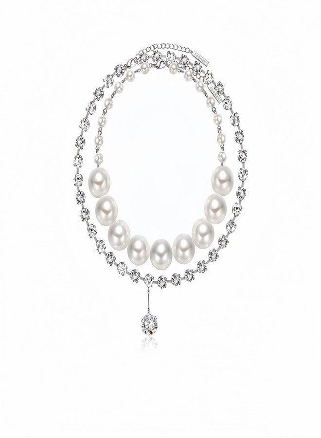 eartif Chunky Pearl Choker Necklace for Women Big Pearl Necklaces Exaggerated Large Pearl Necklaces Layered rhinestone pendant choker Statement Necklace Wedding Jewelry Gifts (Silver) - Image 2